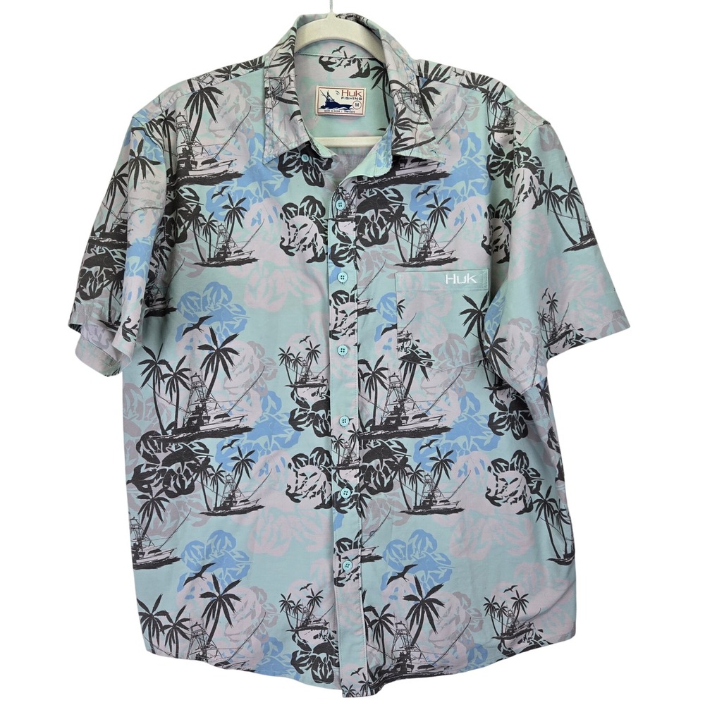 Huk Blue and Black Tropical Print Casual Button Down Shirt